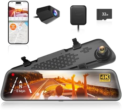WOLFBOX G840S 12" 4K Mirror Dash Cam Backup Camera with 32GB Card and GPS